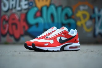 Paire de Nike TN Lisboa posée sur béton urbain avec mur graffiti en arrière-plan flou, détails du amorti Air Max visibles
