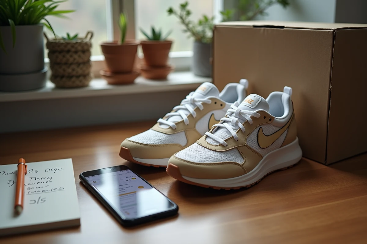Nike TN Lisboa avec boîte d'origine sur un bureau en bois, smartphone affichant une plateforme de revente et note de prix manuscrite