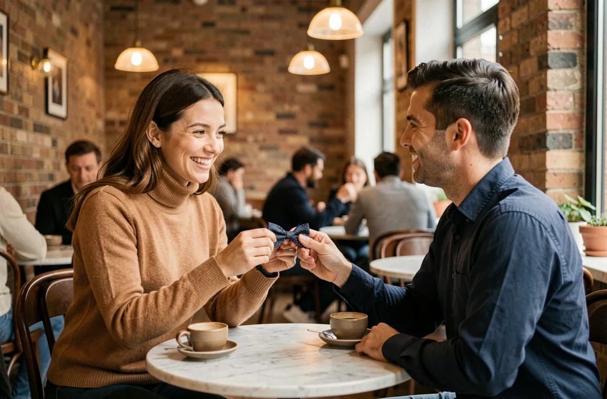 Jeune femme offrant un nœud papillon original à un homme dans un café, moment de partage élégant et cadeau surprenant