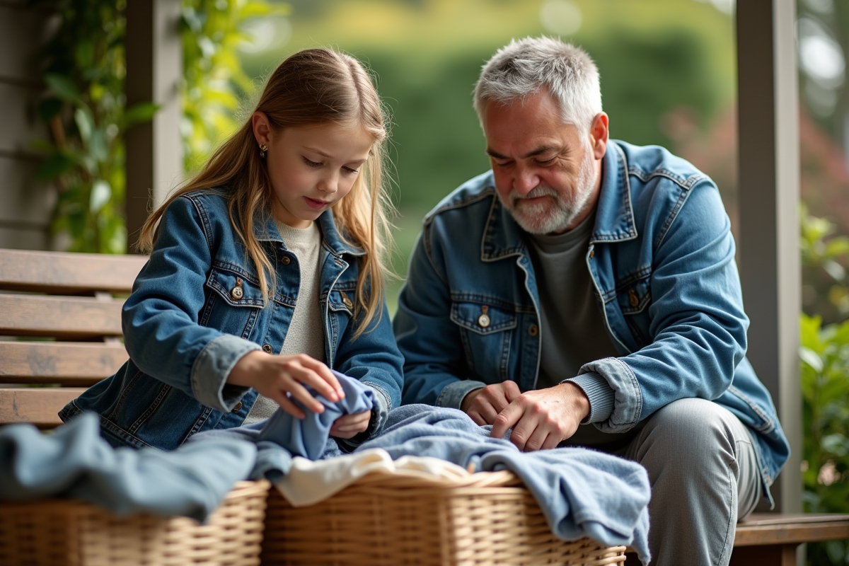 Père et fille trient des vêtements recyclés sur une terrasse ensoleillée