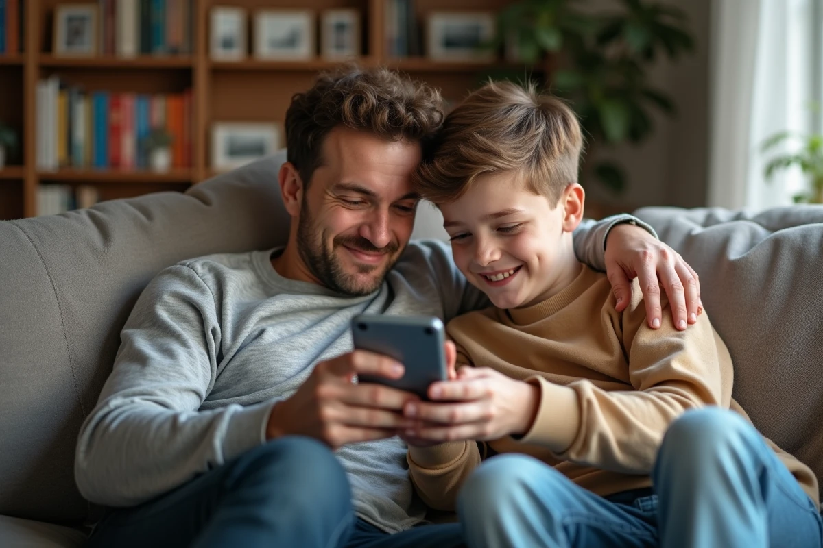 Pere et fils de 13 ans regardant un smartphone dans le salon
