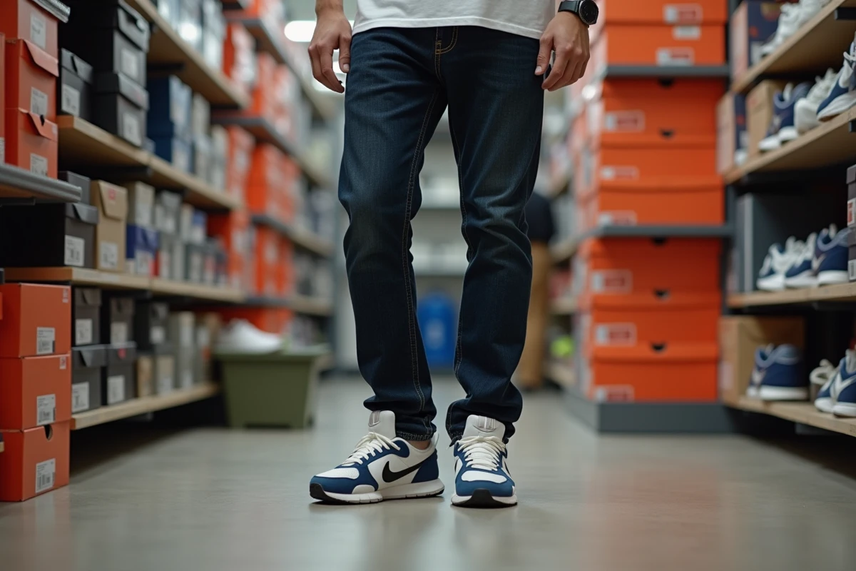 Jeune homme portant des Nike TN Lisboa dans une boutique de revente de sneakers entourée de chaussures en boîtes