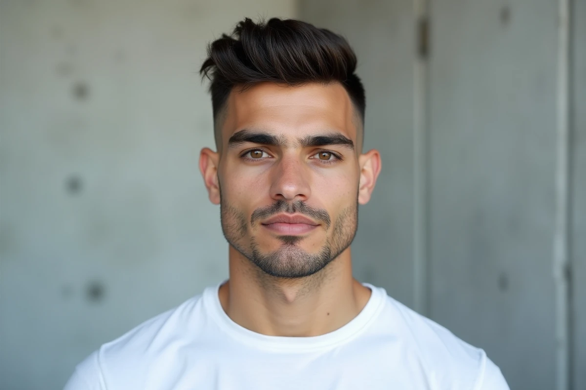 Portrait rapproché d'un homme avec un dégradé espagnol soigné, fondu net sur les côtés et cheveux structurés sur le dessus