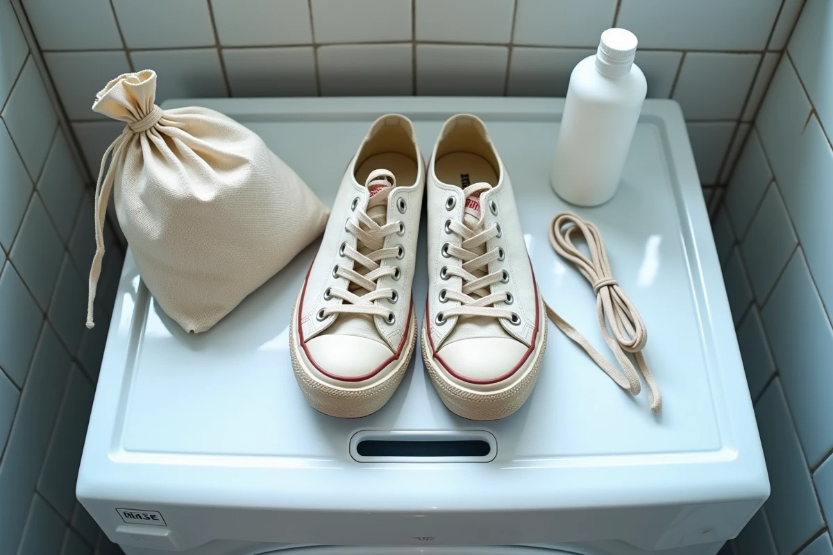 Paire de Converse blanches posées sur un lave-linge avec sac à linge, lacets retirés et détergent doux pour préparer le lavage en machine