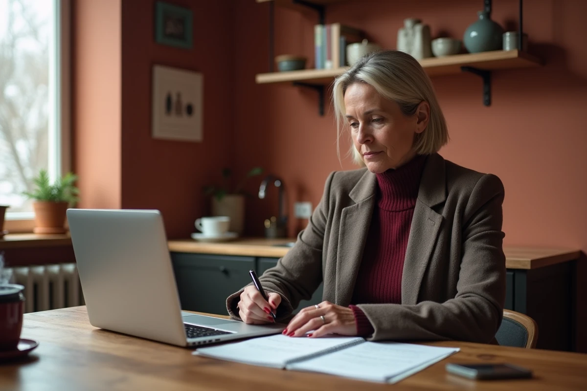 Femme préparant sa liste de courses pour les soldes d'hiver 2026 avec un ordinateur portable et un agenda sur une table en bois