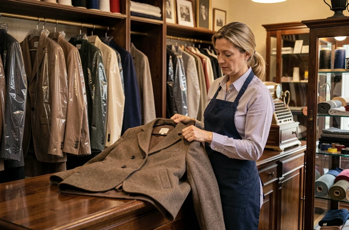 Employée du Pressing des Arcades à Chamalières inspectant un manteau en laine pressé derrière le comptoir de la boutique traditionnelle