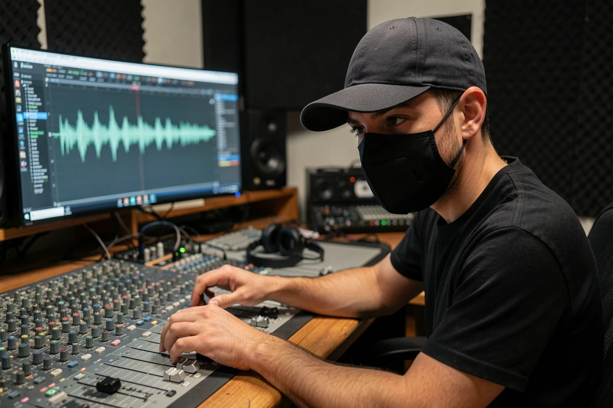 Producteur de musique masqué dans un studio d'enregistrement professionnel