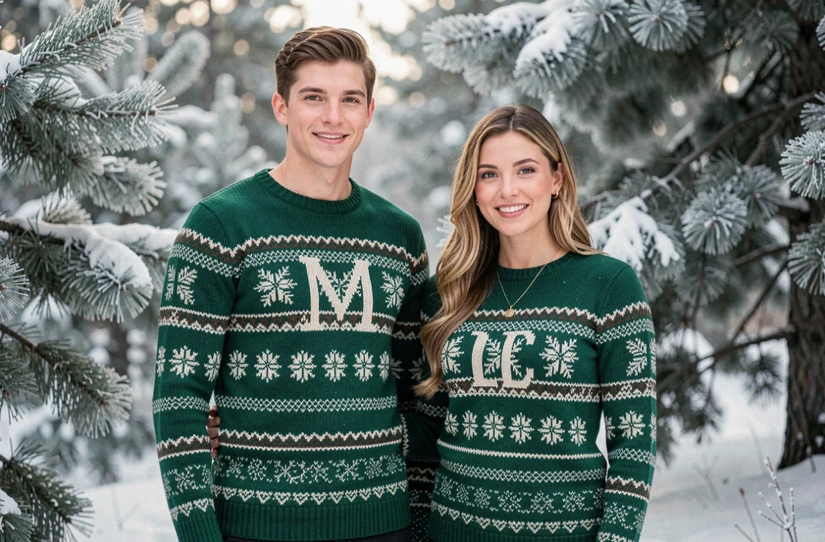 Couple assorti portant des pulls de Noël personnalisés en vert forêt devant une forêt enneigée en hiver