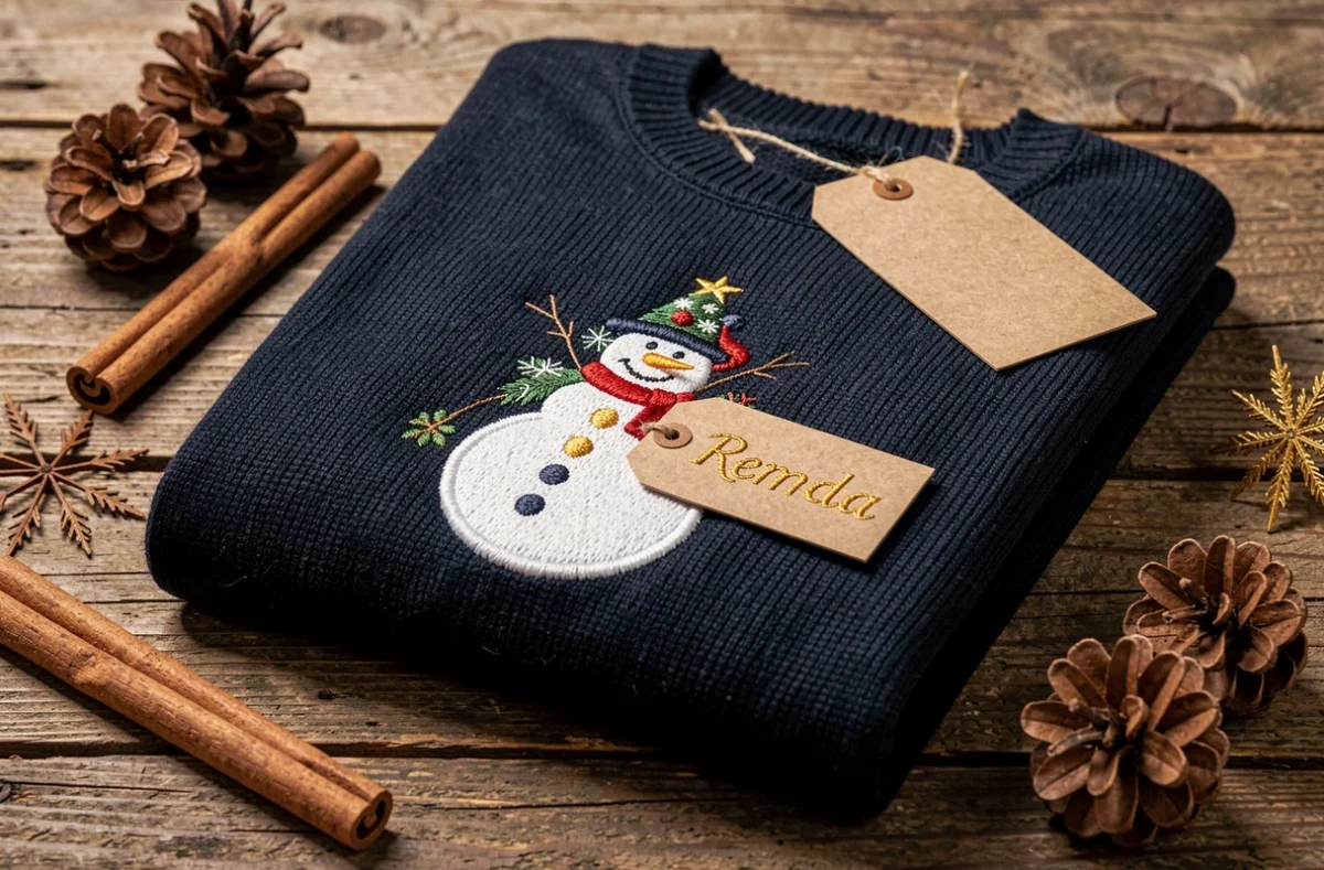 Pull de Noël personnalisable bleu marine replié sur une table en bois avec broderie dorée et décoration naturelle de fêtes