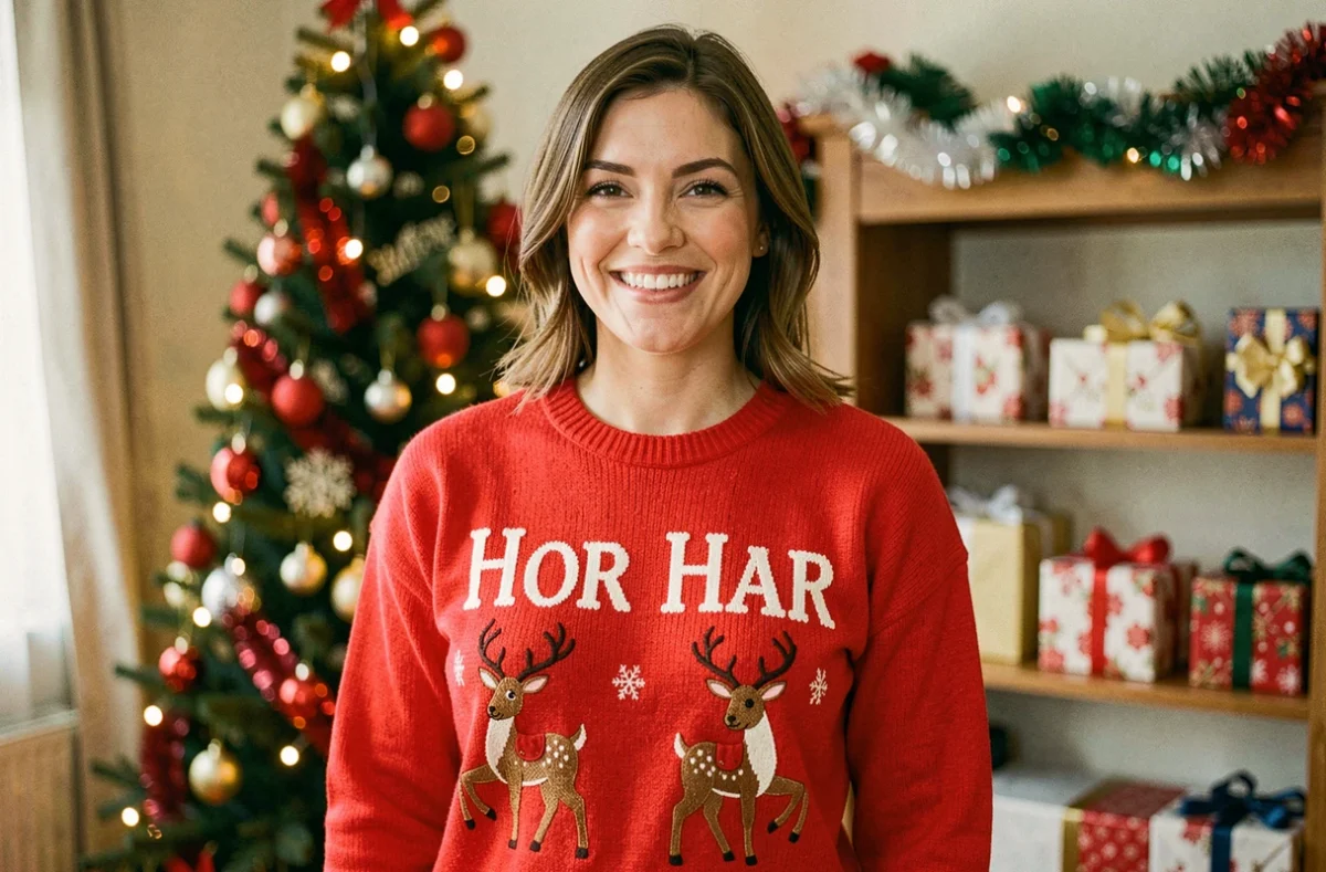 Femme portant un pull de Noël personnalisable rouge avec broderie prénom en blanc dans un salon décoré pour les fêtes