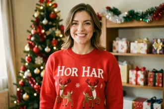 Femme portant un pull de Noël personnalisable rouge avec broderie prénom en blanc dans un salon décoré pour les fêtes