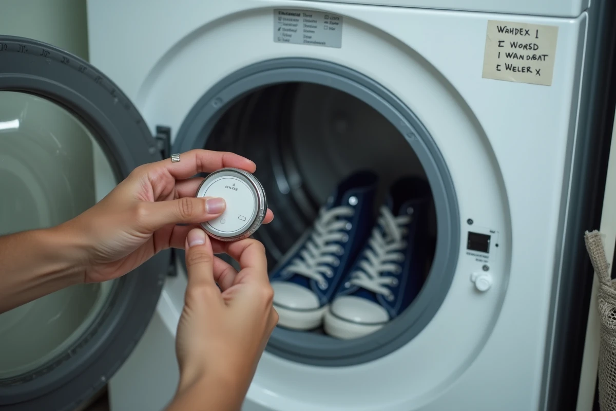 Mains réglant le programme délicat d'un lave-linge avec des Converse bleu marine visibles dans le tambour pour un lavage adapté