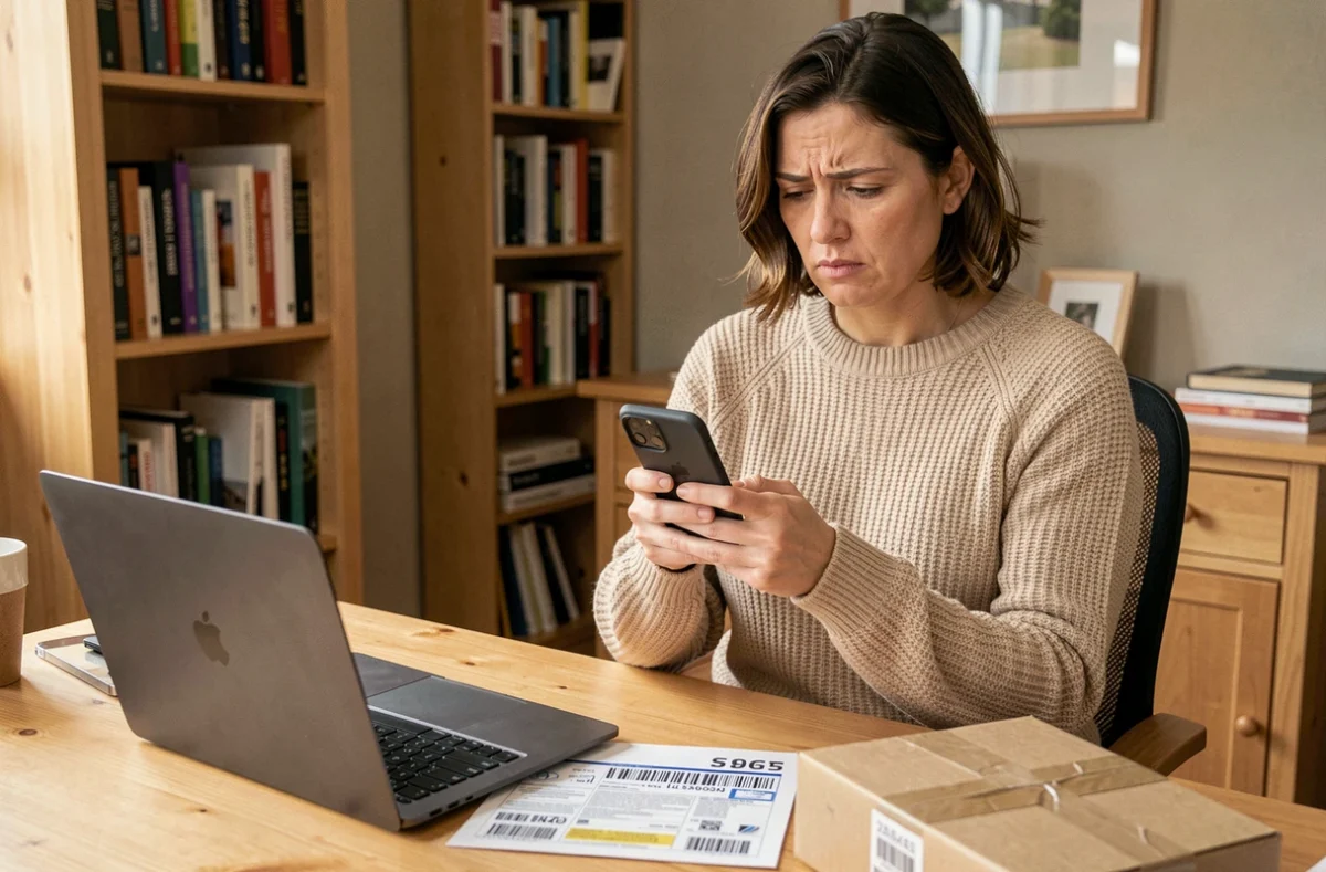 Femme consultant son téléphone devant un colis Vinted non récupéré posé sur un bureau à domicile
