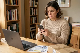 Femme consultant son téléphone devant un colis Vinted non récupéré posé sur un bureau à domicile