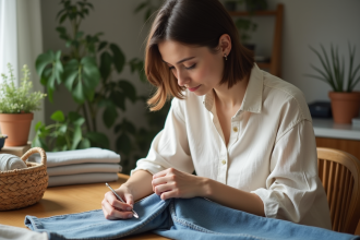 Femme réparant un vêtement dans un intérieur chaleureux