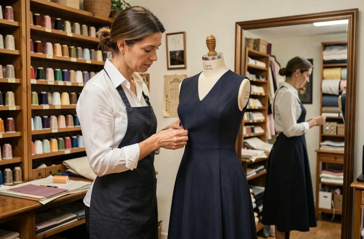 Couturière professionnelle épinglant l'ourlet d'une robe dans une retoucherie artisanale du Rhône