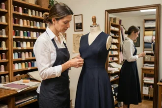 Couturière professionnelle épinglant l'ourlet d'une robe dans une retoucherie artisanale du Rhône