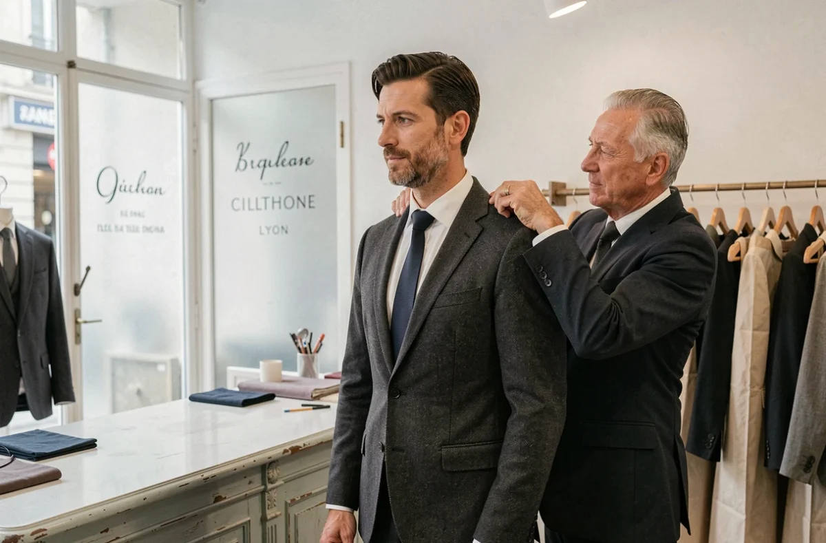 Client et tailleur lors d'un essayage de costume dans une retoucherie professionnelle à Lyon