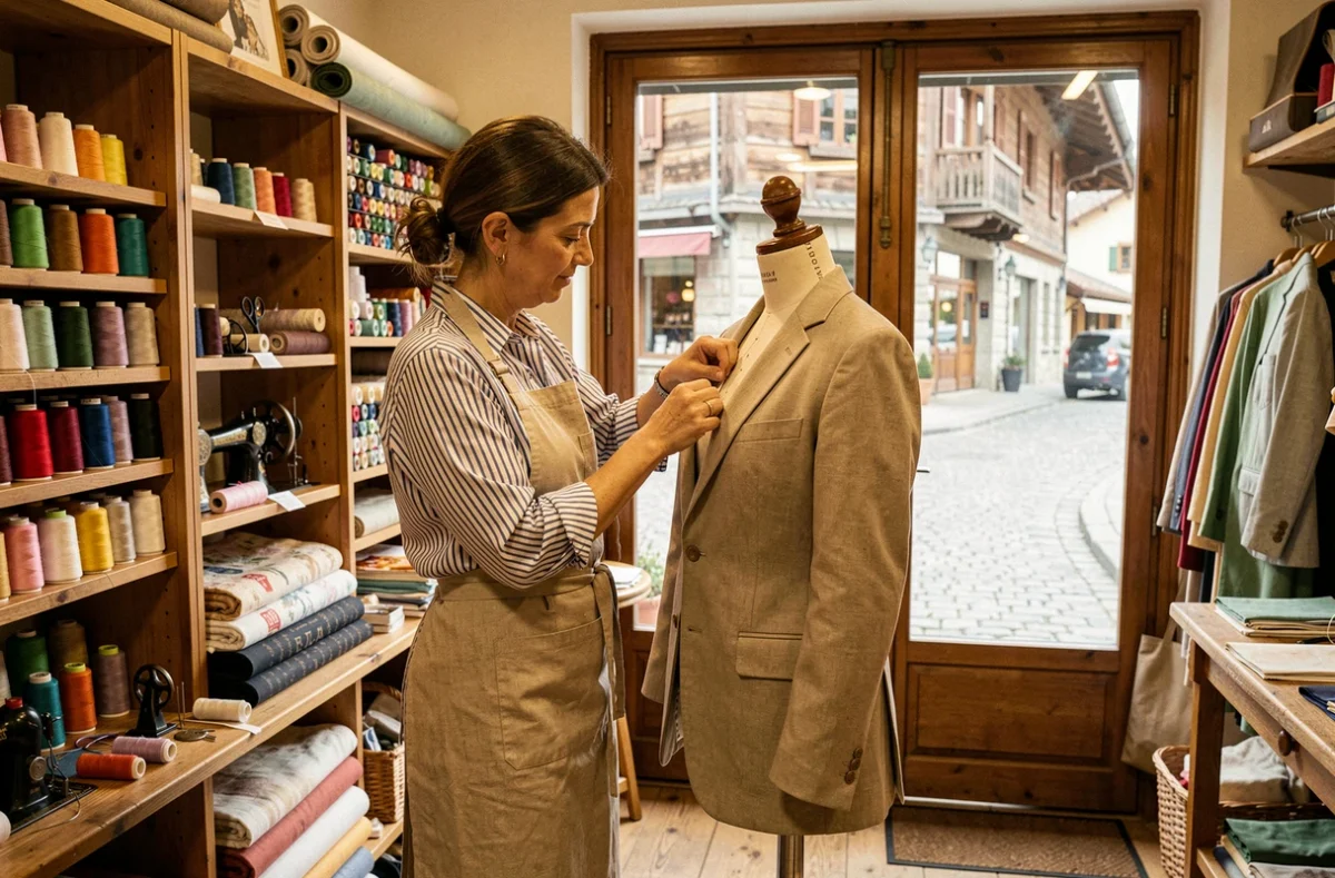 Atelier de retouche en Auvergne-Rhône-Alpes avec une couturière travaillant sur un vêtement près d'un mannequin de couture