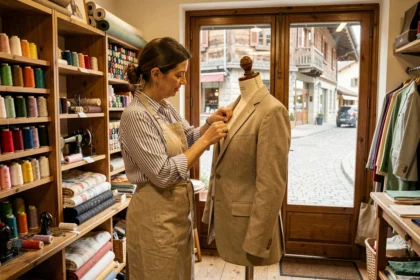 Atelier de retouche en Auvergne-Rhône-Alpes avec une couturière travaillant sur un vêtement près d'un mannequin de couture