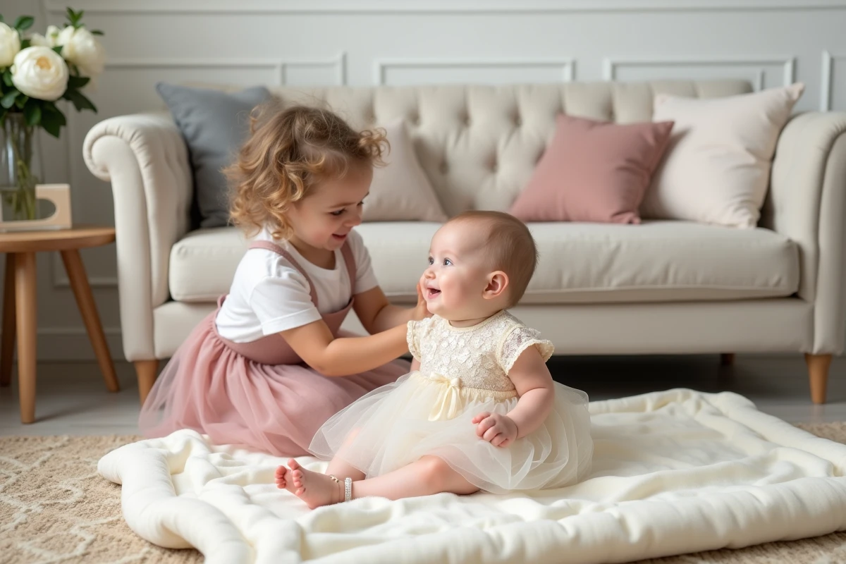 Bébé en robe de cérémonie ivoire avec sa grande sœur en tenue coordonnée rose poudré lors d'une fête