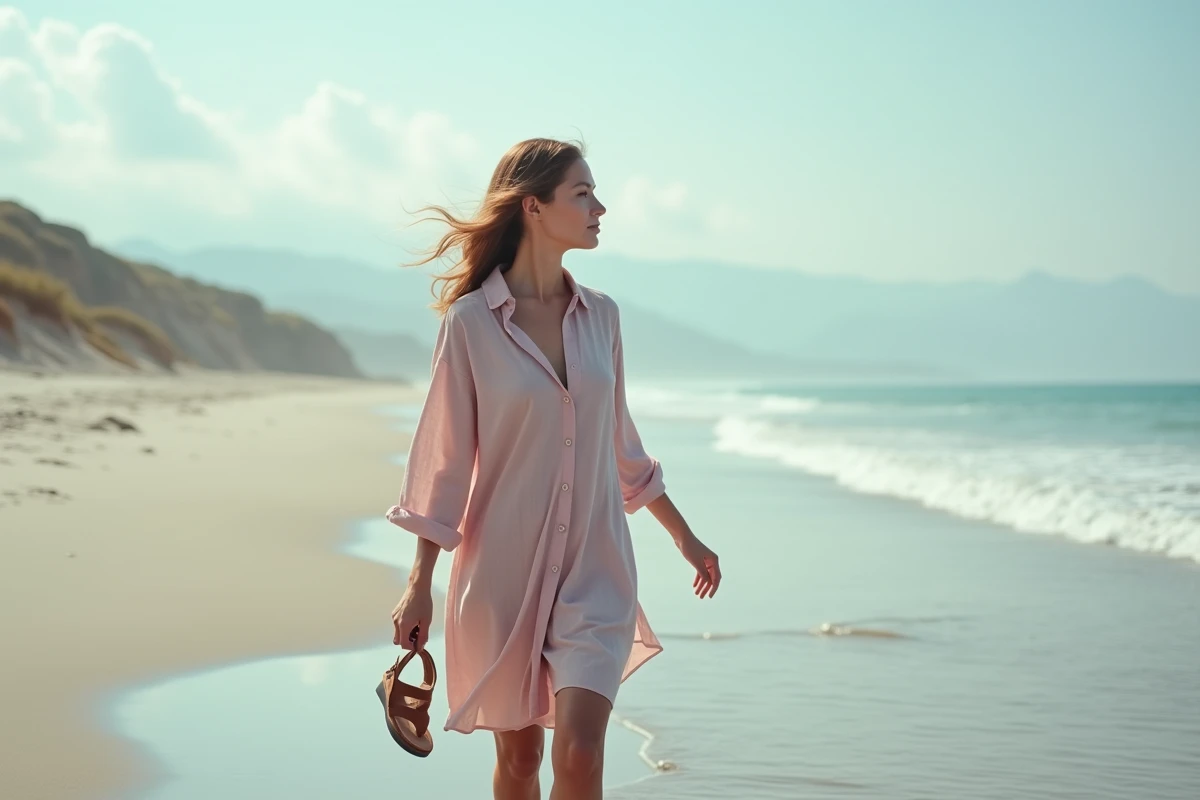Femme en robe chemise légère en gaze de coton rose poudré marchant pieds nus au bord de l'eau sur une plage de sable, atmosphère sereine et estivale