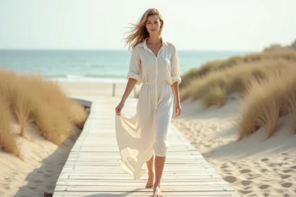Femme en robe chemise en gaze de coton ivoire sur une passerelle en bois au bord de la mer, cheveux au vent, ambiance plage estivale élégante