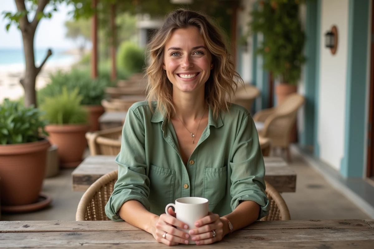 Femme en robe chemise gaze de coton vert sauge assise à une terrasse de café de plage, tasse en main, style décontracté et élégant