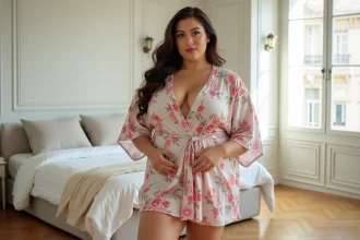 Femme ronde portant une courte robe portefeuille fleurie dans un appartement parisien, mettant en valeur la silhouette harmonieuse
