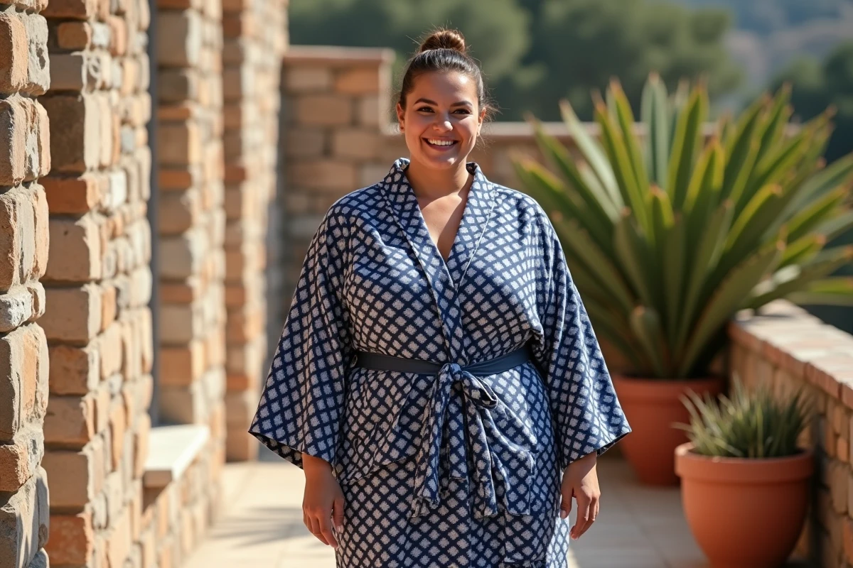 Femme ronde souriante en robe courte kimono bleu marine géométrique sur une terrasse ensoleillée avec mur en pierre
