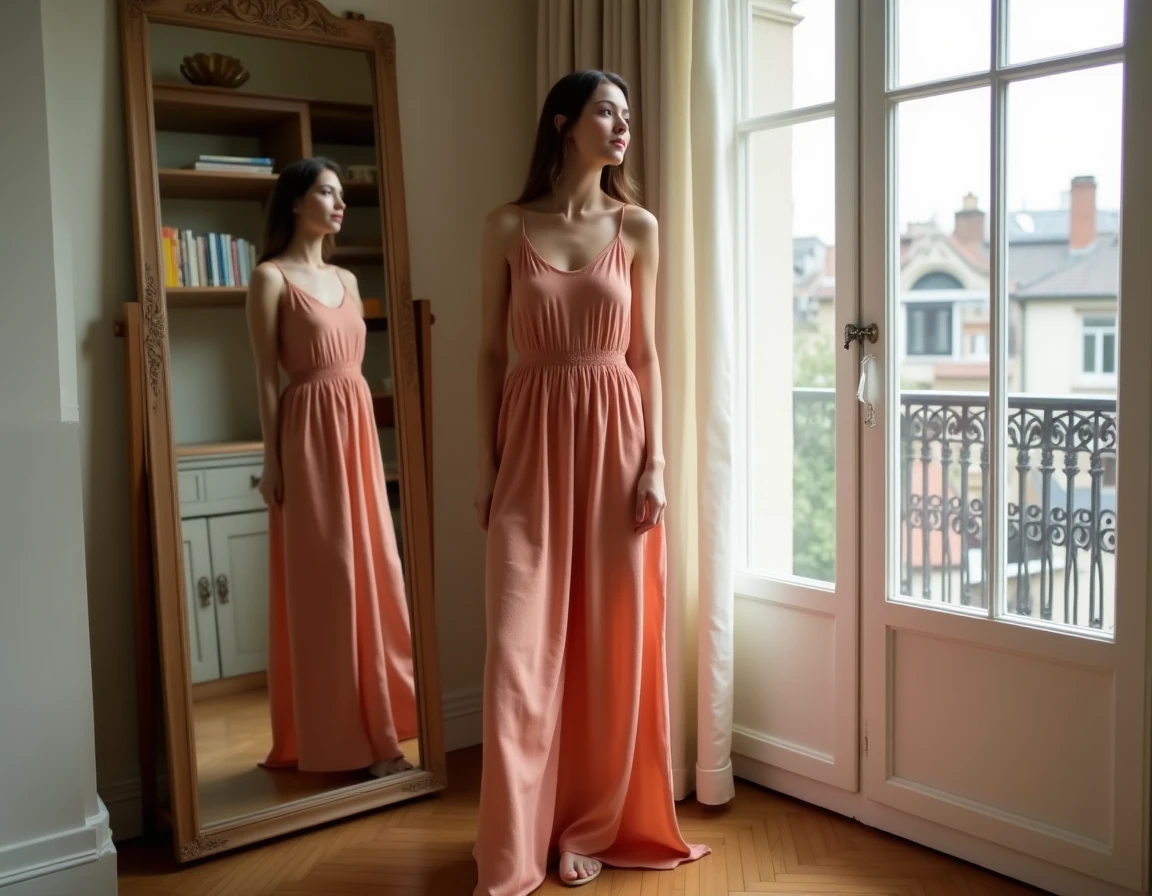 Grande femme en robe longue lin terracotta fluide devant un miroir dans un appartement parisien, silhouette élancée