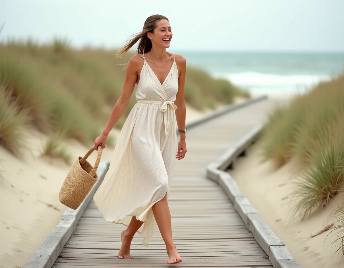 Petite femme en robe midi fluide ivoire rayée avec ceinture sur une promenade en bois près de la plage, silhouette allongée