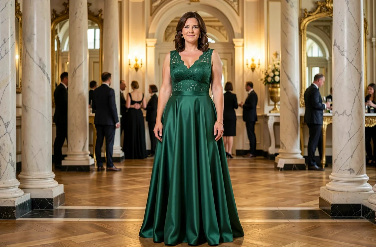 Femme ronde en robe de soirée verte coupe empire lors d'une réception de mariage en intérieur