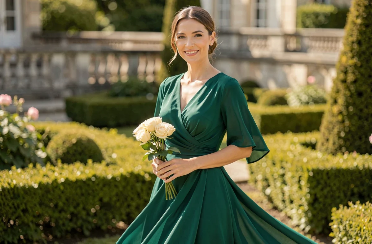 Femme en robe verte élégante à coupe portefeuille dans un jardin de château pour un mariage