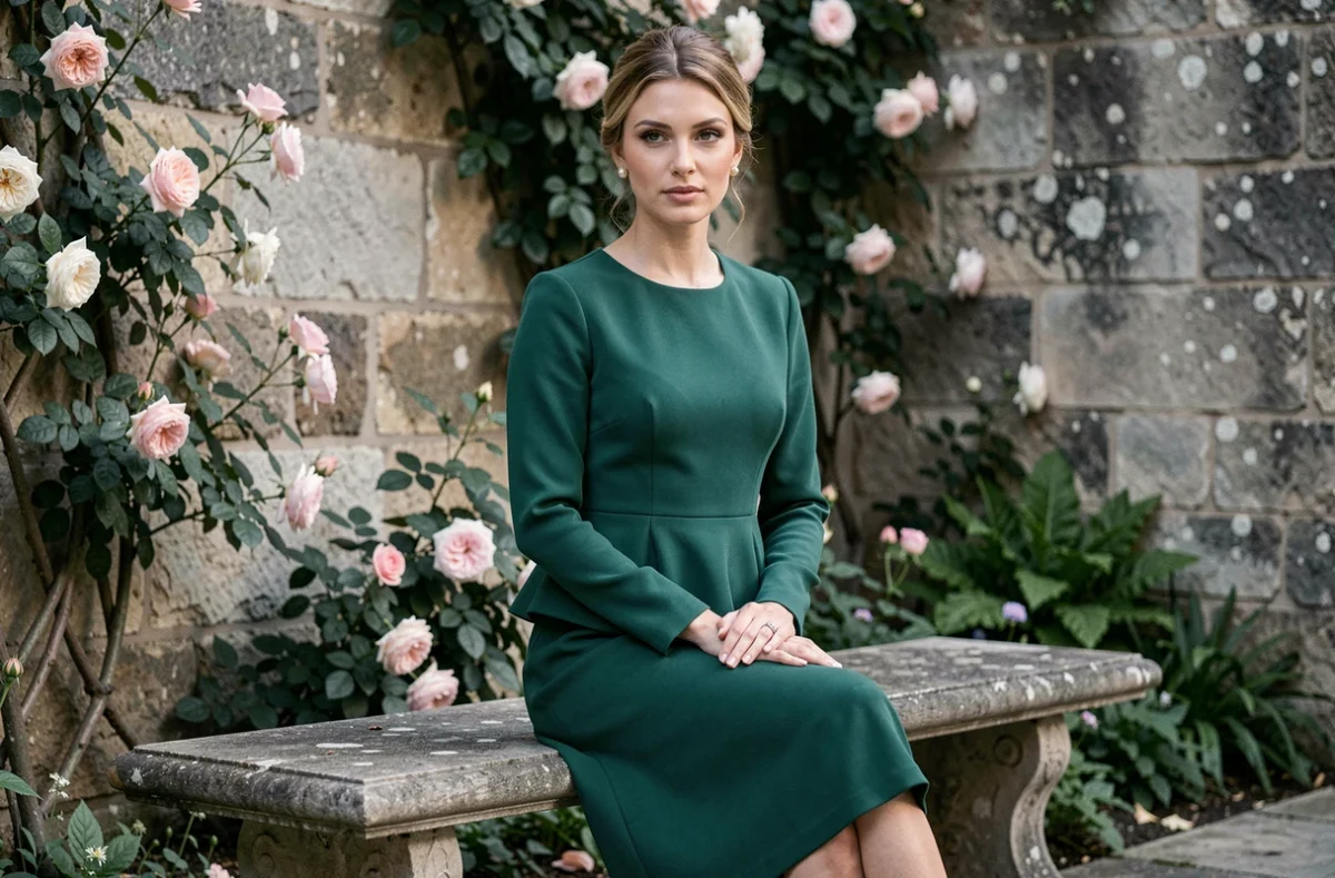 Femme petite taille en robe verte structurée à peplum assise dans une cour romantique pour un mariage