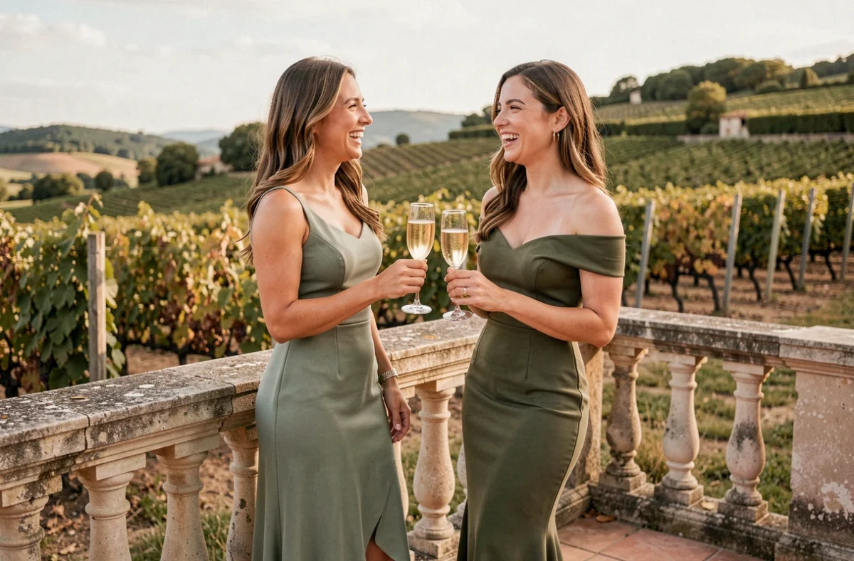 Deux femmes en robes vertes élégantes sur une terrasse de vignoble provençal pour un mariage