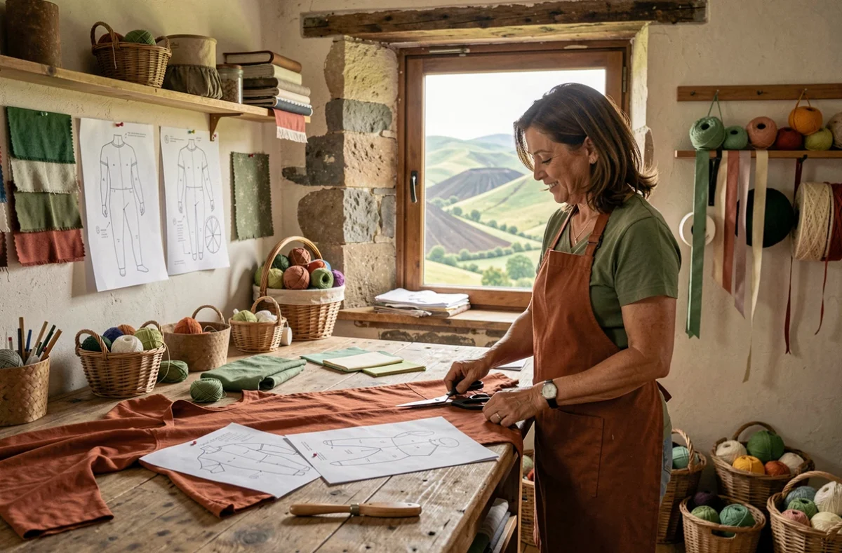 Artisane de SB Couture et Création en Auvergne travaillant sur des patrons à une grande table en bois dans un atelier rural avec vue sur les collines volcaniques