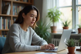 Femme sécurisant son compte habillement en ligne sur un ordinateur portable dans un bureau à domicile