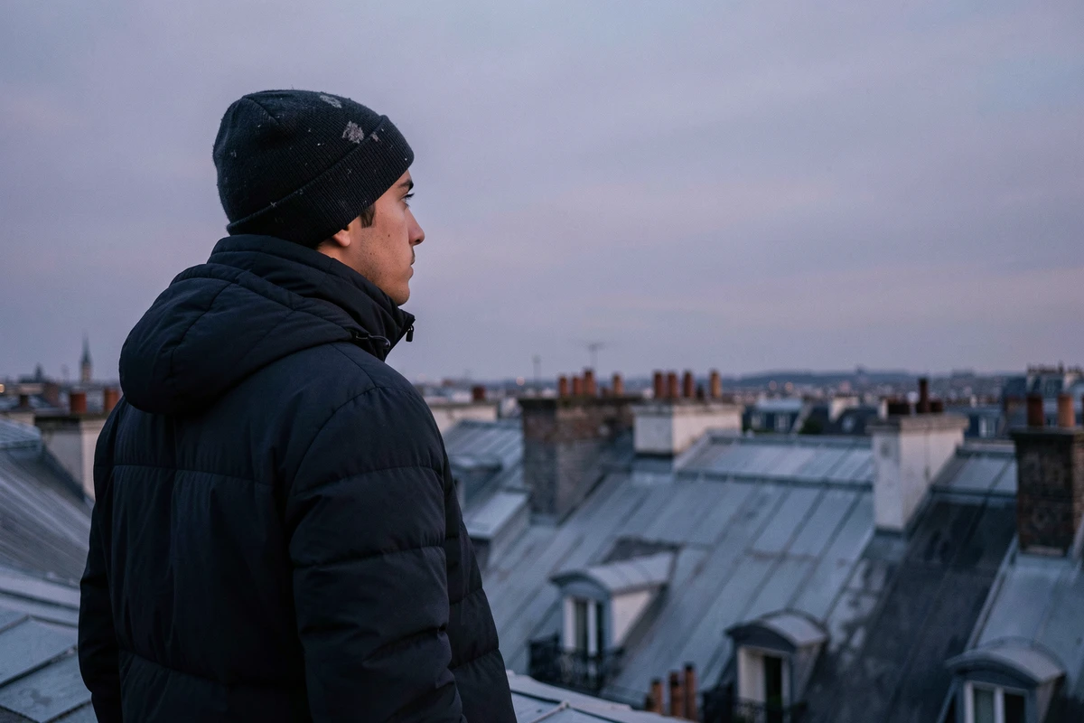 Silhouette mystérieuse d'un jeune homme sur les toits de Paris au crépuscule
