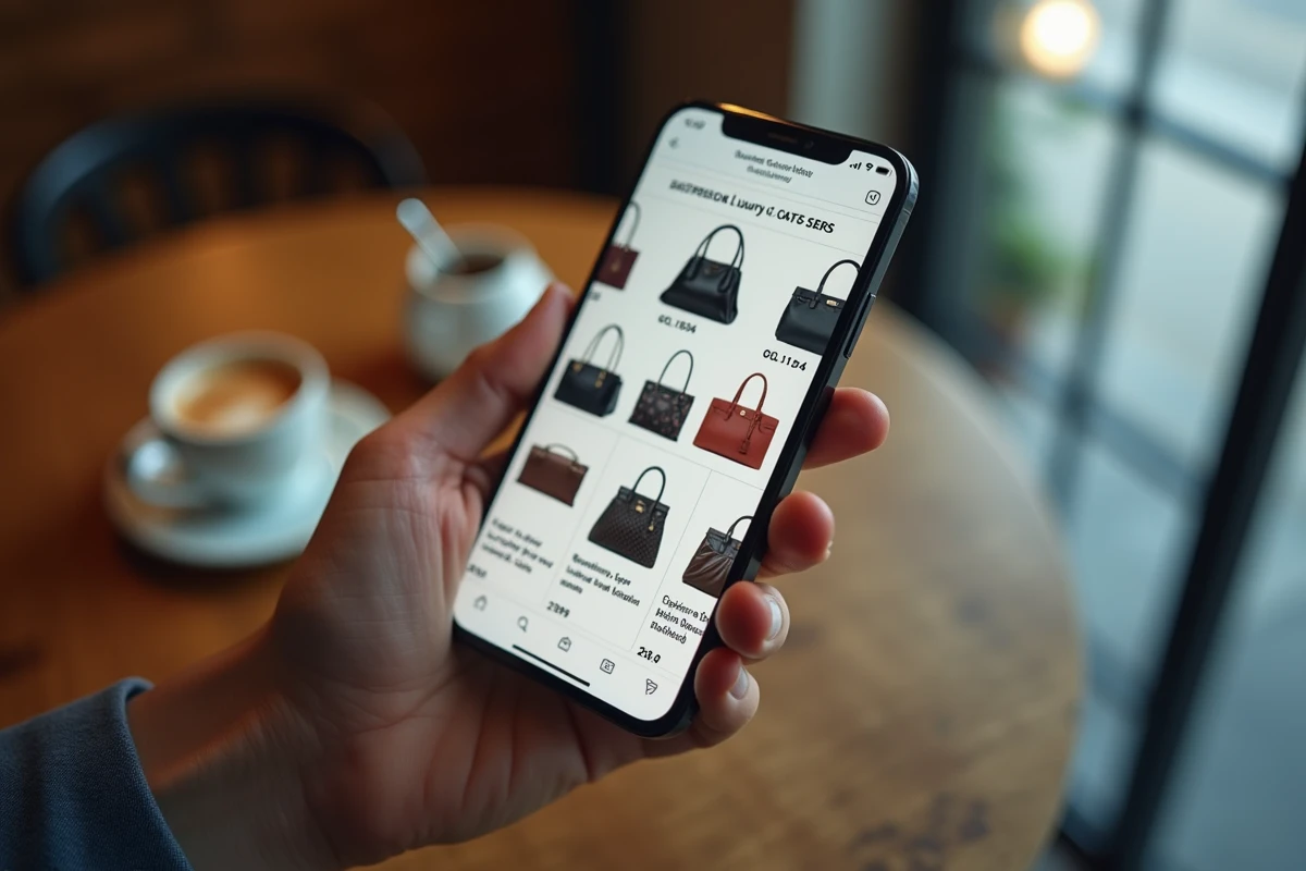 Main tenant un smartphone affichant un site de vente en ligne de contrefaçons de sacs de luxe à prix suspect, arnaque en ligne