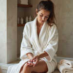 Femme appliquant une creme sur sa ligne bikini dans une salle de bain moderne