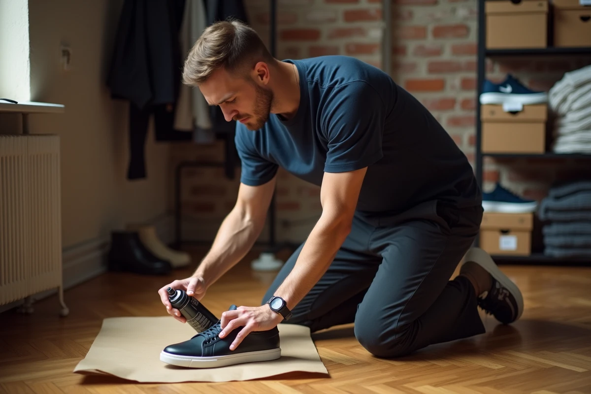 Homme appliquant un spray imperméabilisant sur des baskets en cuir françaises posées sur du papier kraft dans un appartement parisien