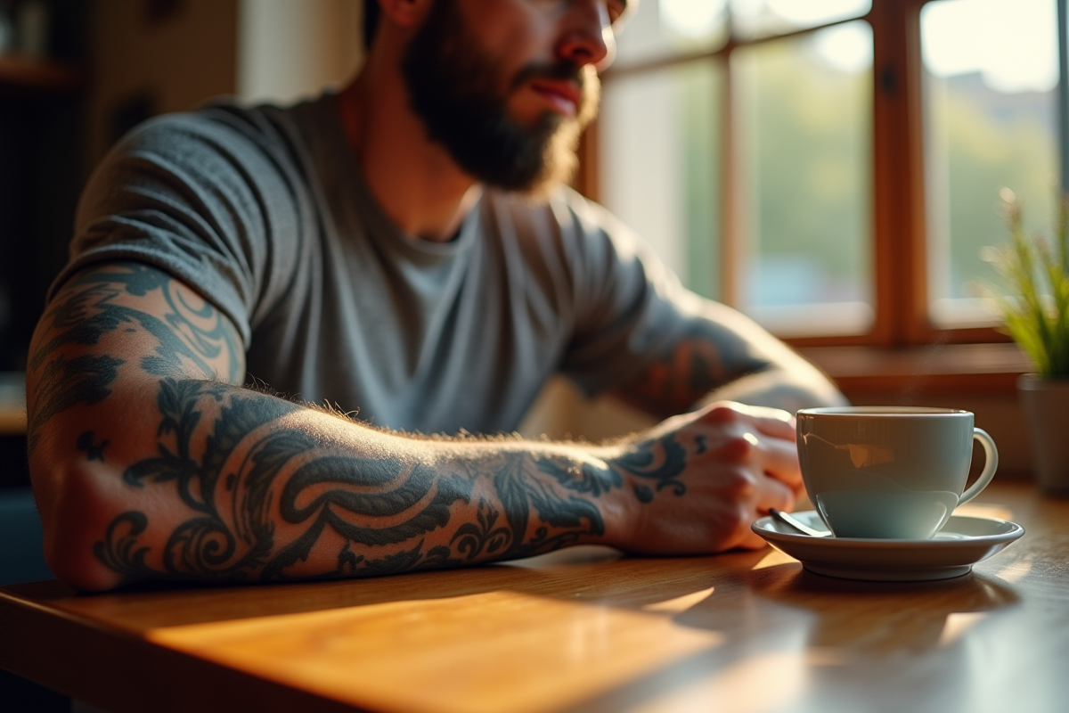 Détail tatouage bras dans un café en intérieur lumineux