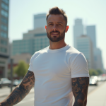 Homme avec tatouage bras en extérieur lumineux
