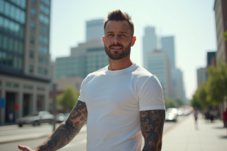 Homme avec tatouage bras en extérieur lumineux