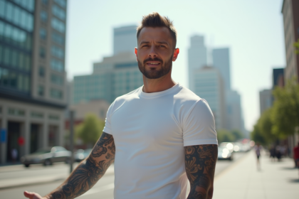 Homme avec tatouage bras en extérieur lumineux
