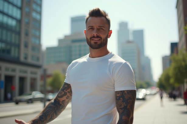 Homme avec tatouage bras en extérieur lumineux