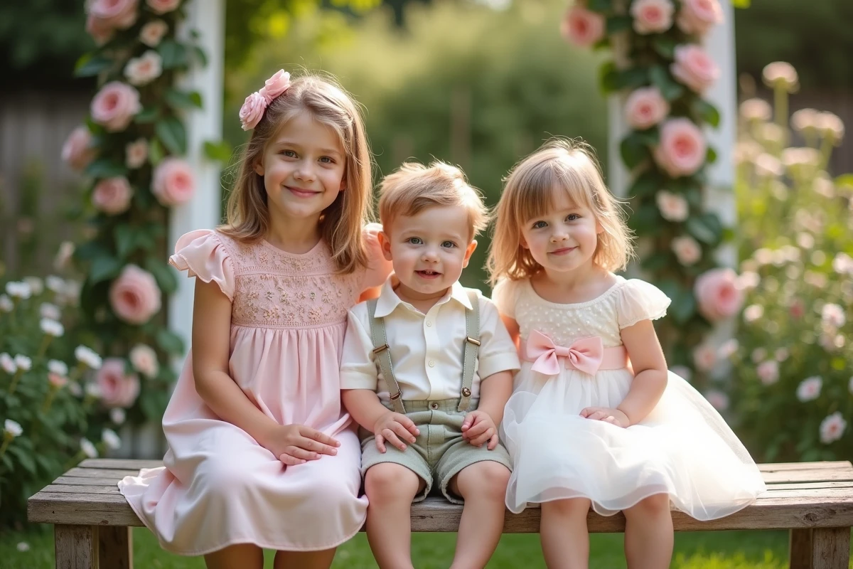 Trois enfants en tenues assorties pastel pour une fête de bébé, assis sur un banc en bois dans un jardin fleuri