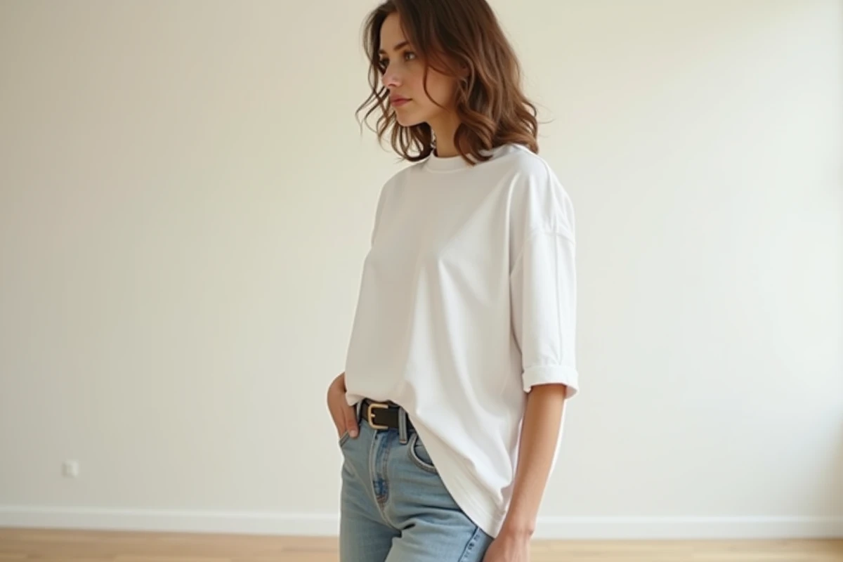 Femme en t-shirt Drake blanc oversize rentré dans un jean taille haute, ambiance studio minimaliste