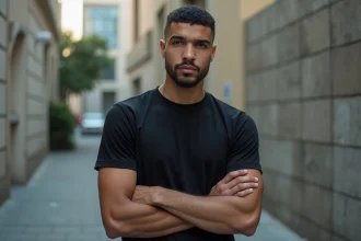 Homme portant un t-shirt Drake noir ajusté devant un mur en béton urbain, style éditorial réaliste